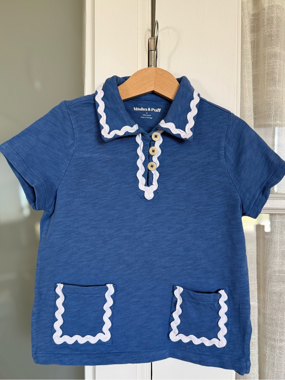 Misha And Puff Blue Polo with White Rickrack Trim